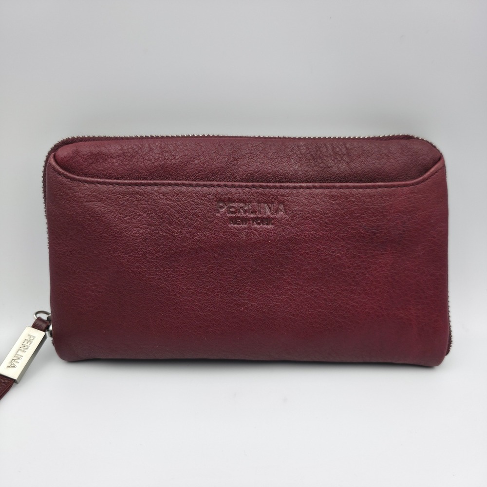 Perlina New York Burgundy Leather Zip Around Wallet Leopard Print Interior